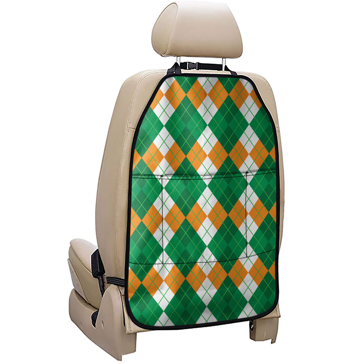 Green Orange And White Argyle Print Car Seat Organizers