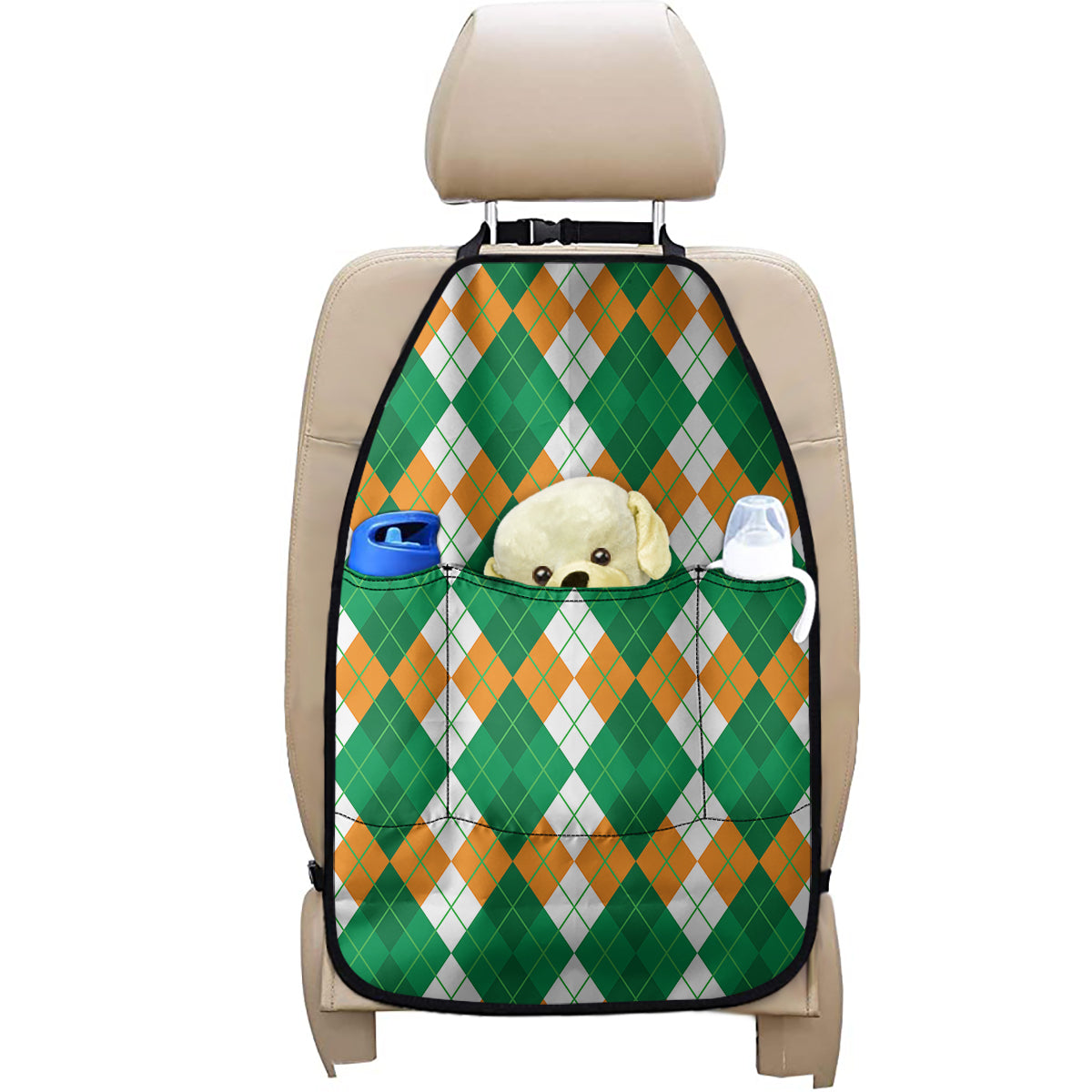 Green Orange And White Argyle Print Car Seat Organizers