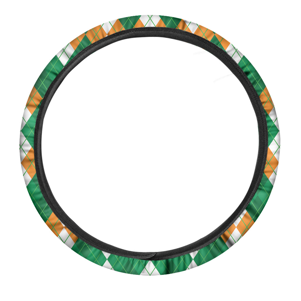 Green Orange And White Argyle Print Car Steering Wheel Cover