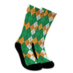 Green Orange And White Argyle Print Crew Socks