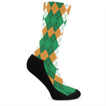 Green Orange And White Argyle Print Crew Socks