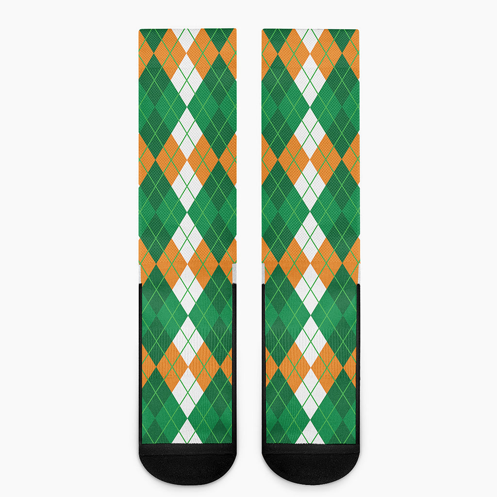 Green Orange And White Argyle Print Crew Socks