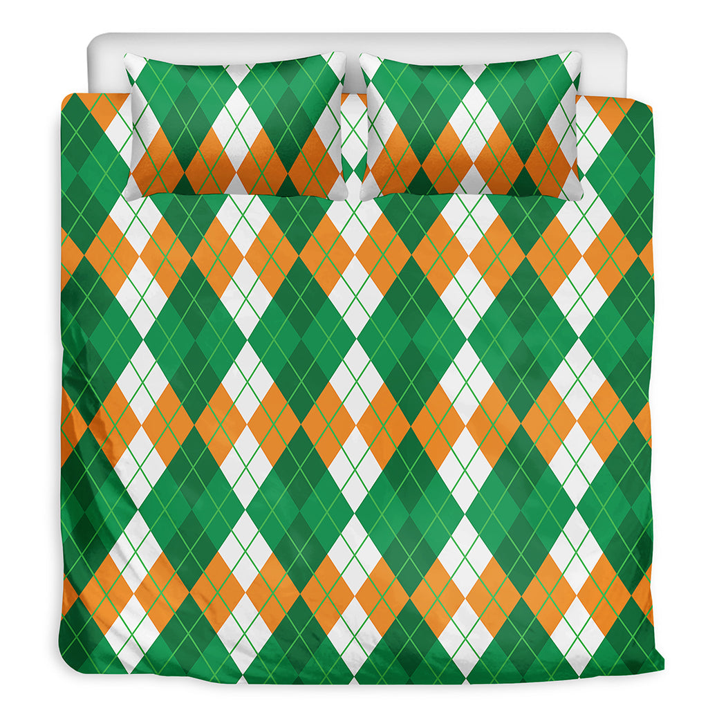 Green Orange And White Argyle Print Duvet Cover Bedding Set