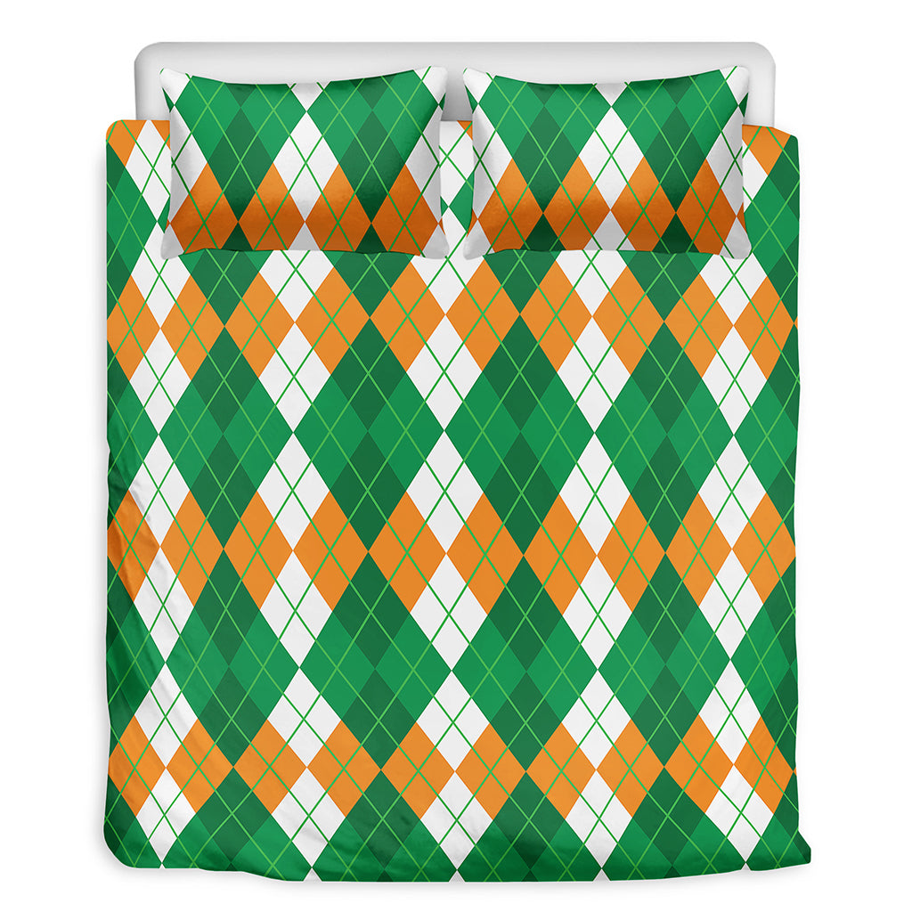 Green Orange And White Argyle Print Duvet Cover Bedding Set