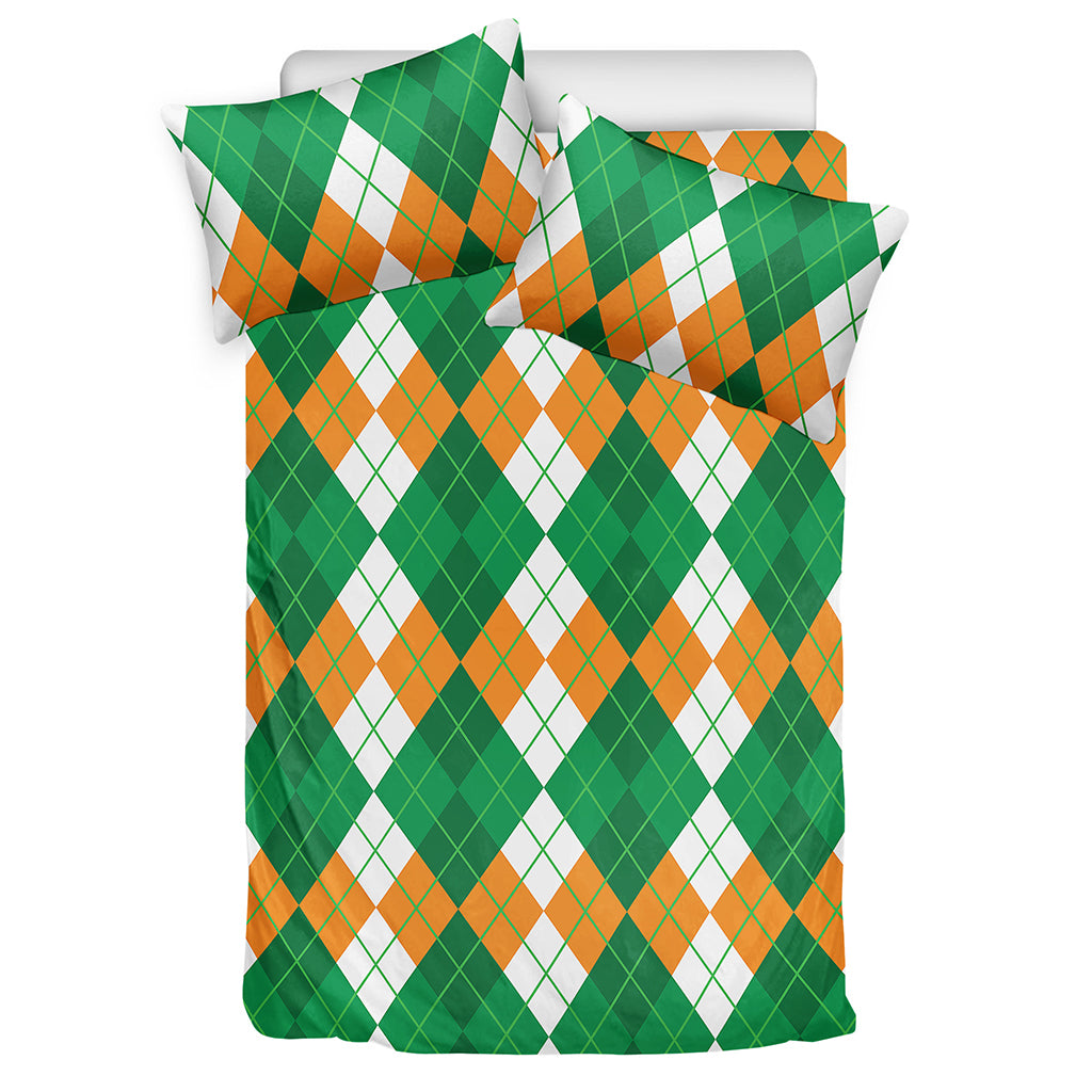 Green Orange And White Argyle Print Duvet Cover Bedding Set
