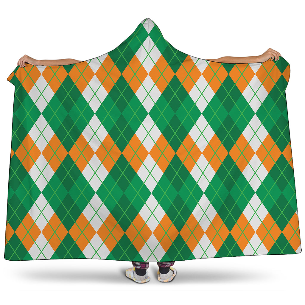 Green Orange And White Argyle Print Hooded Blanket