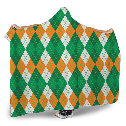 Green Orange And White Argyle Print Hooded Blanket