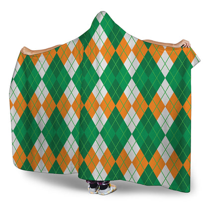 Green Orange And White Argyle Print Hooded Blanket