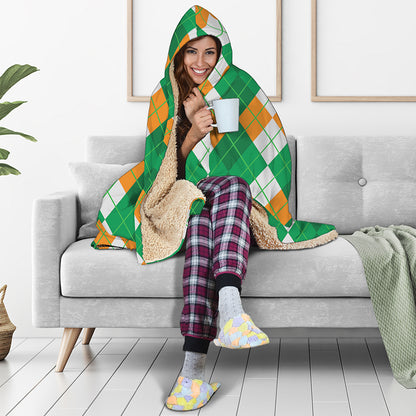 Green Orange And White Argyle Print Hooded Blanket