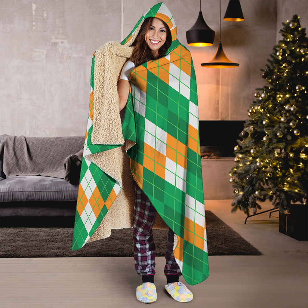 Green Orange And White Argyle Print Hooded Blanket