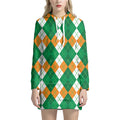 Green Orange And White Argyle Print Pullover Hoodie Dress