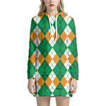 Green Orange And White Argyle Print Hoodie Dress