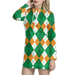 Green Orange And White Argyle Print Hoodie Dress