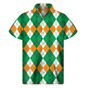 Green Orange And White Argyle Print Men's Short Sleeve Shirt