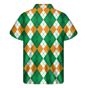 Green Orange And White Argyle Print Men's Short Sleeve Shirt