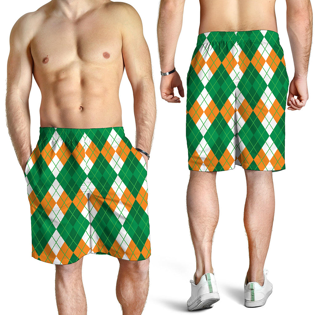 Green Orange And White Argyle Print Men's Shorts