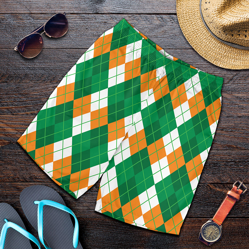 Green Orange And White Argyle Print Men's Shorts