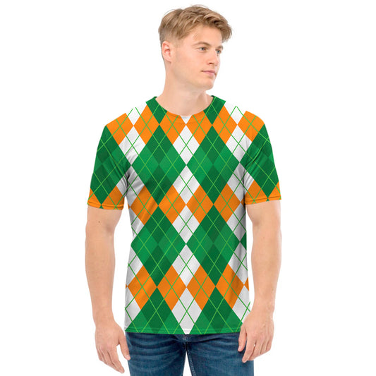 Green Orange And White Argyle Print Men's T-Shirt