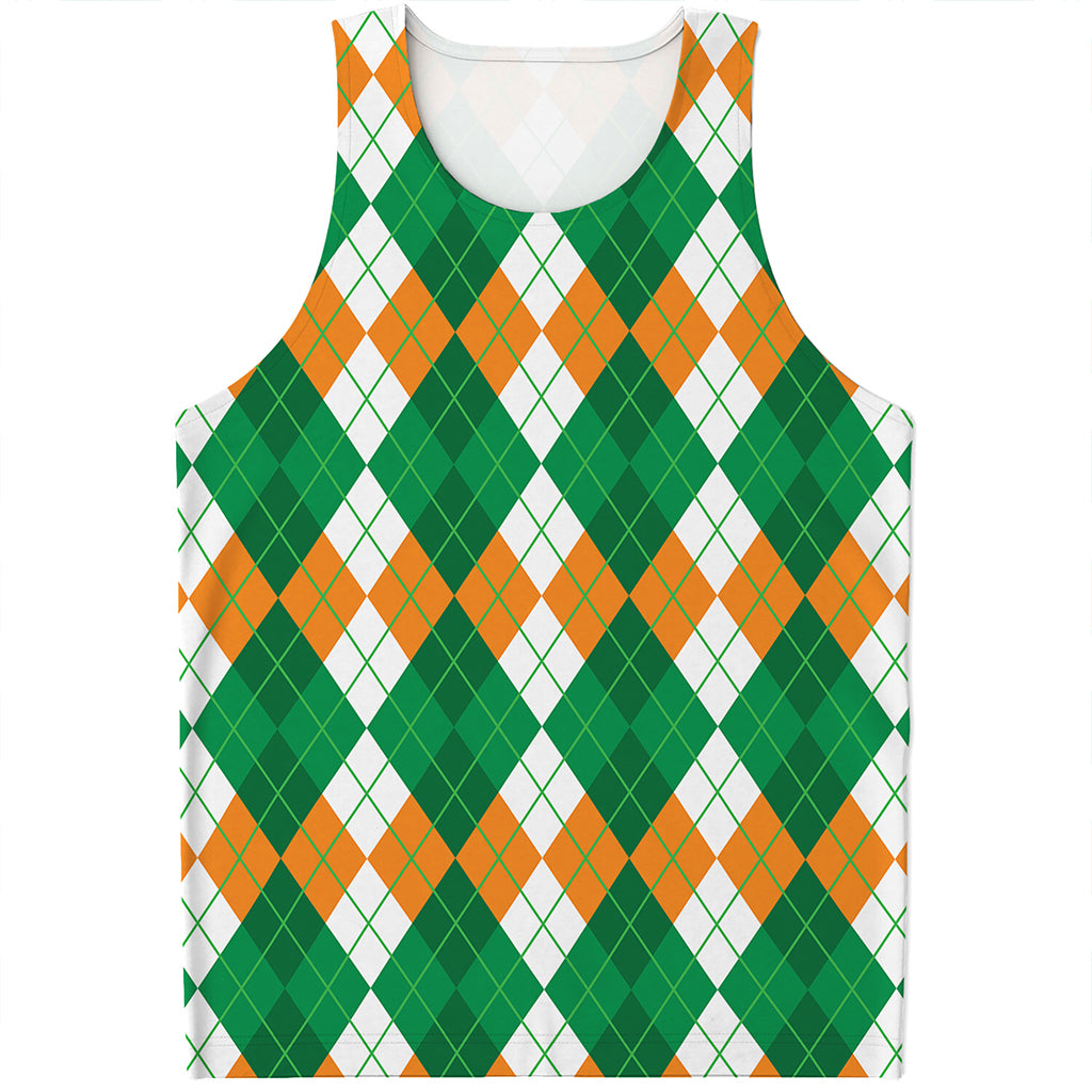 Green Orange And White Argyle Print Men's Tank Top