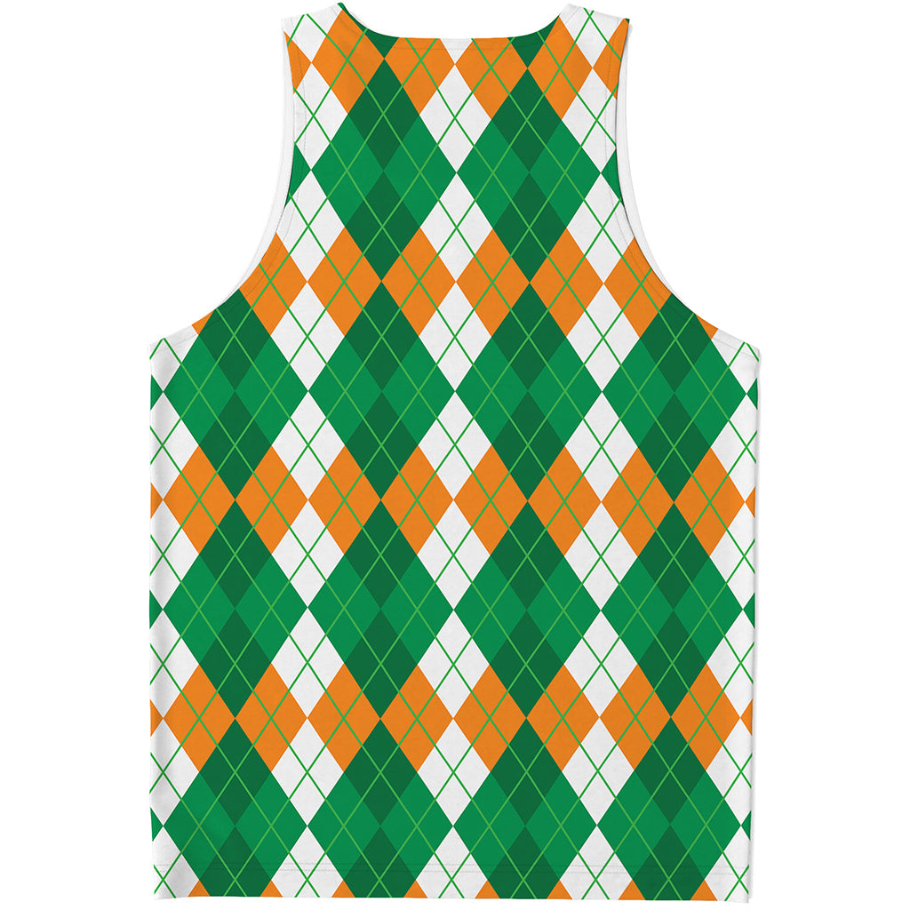 Green Orange And White Argyle Print Men's Tank Top