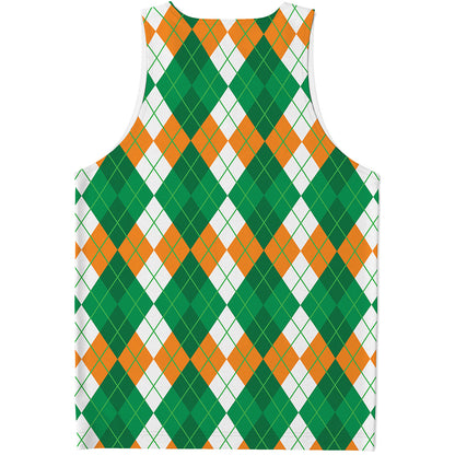 Green Orange And White Argyle Print Men's Tank Top