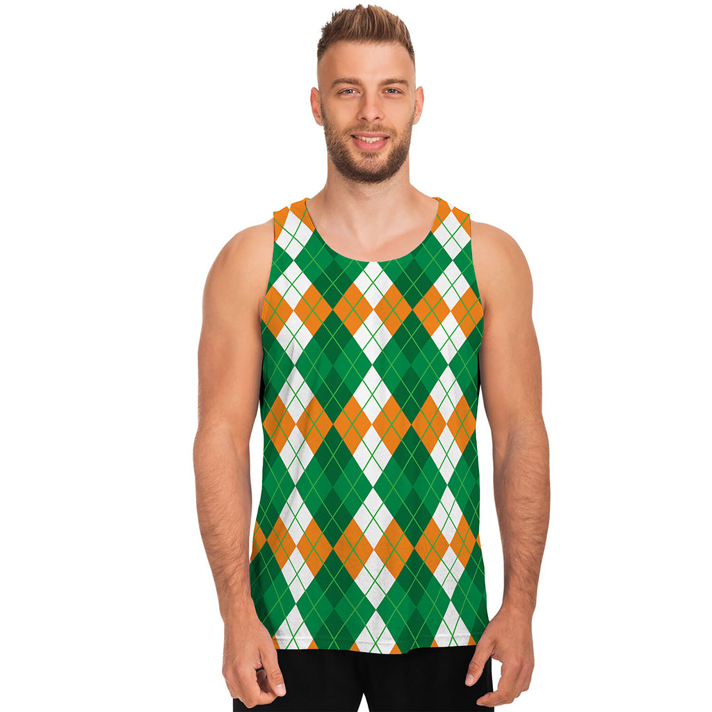 Green Orange And White Argyle Print Men's Tank Top