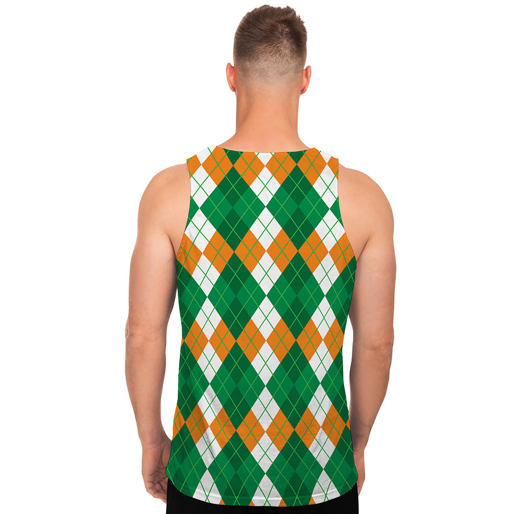 Green Orange And White Argyle Print Men's Tank Top