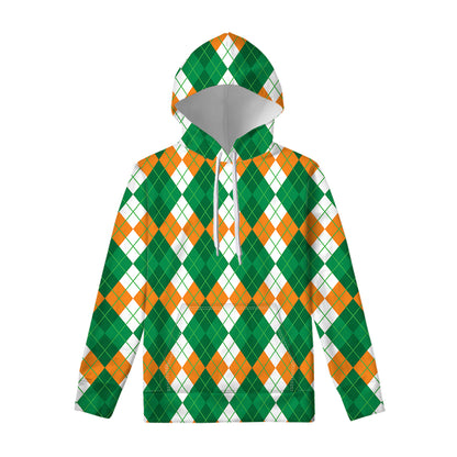 Green Orange And White Argyle Print Pullover Hoodie