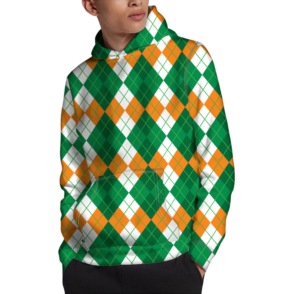 Green Orange And White Argyle Print Pullover Hoodie
