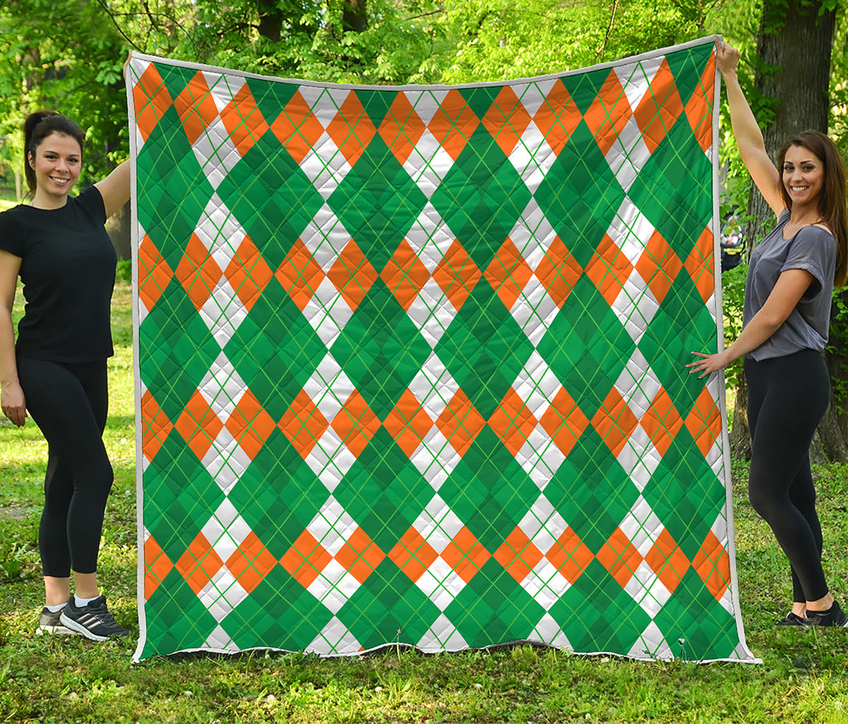 Green Orange And White Argyle Print Quilt