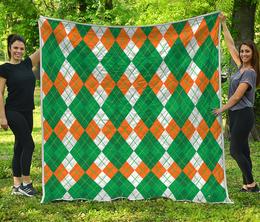 Green Orange And White Argyle Print Quilt