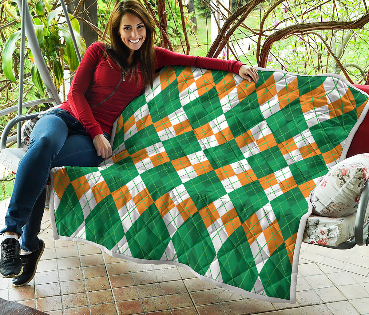 Green Orange And White Argyle Print Quilt