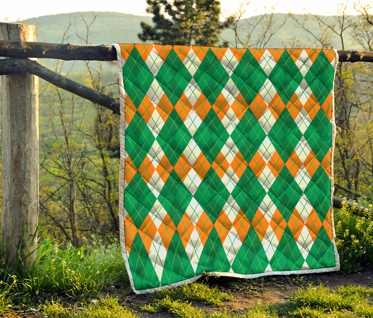 Green Orange And White Argyle Print Quilt