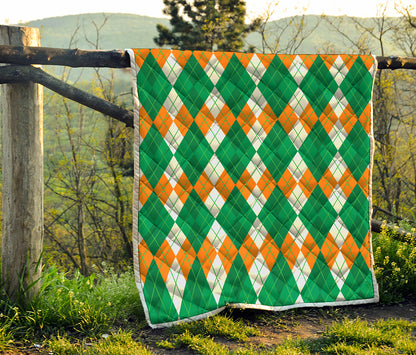 Green Orange And White Argyle Print Quilt