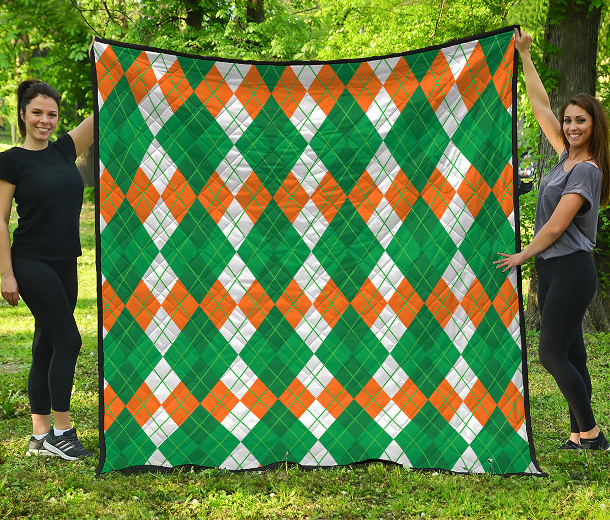 Green Orange And White Argyle Print Quilt