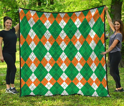 Green Orange And White Argyle Print Quilt