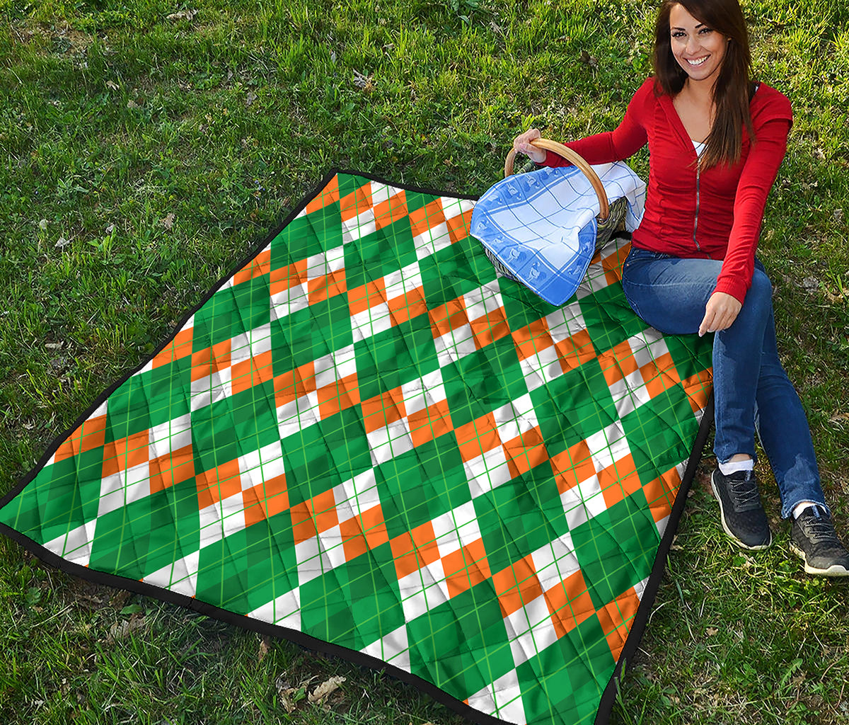 Green Orange And White Argyle Print Quilt