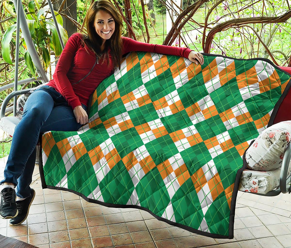 Green Orange And White Argyle Print Quilt