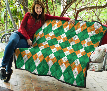 Green Orange And White Argyle Print Quilt