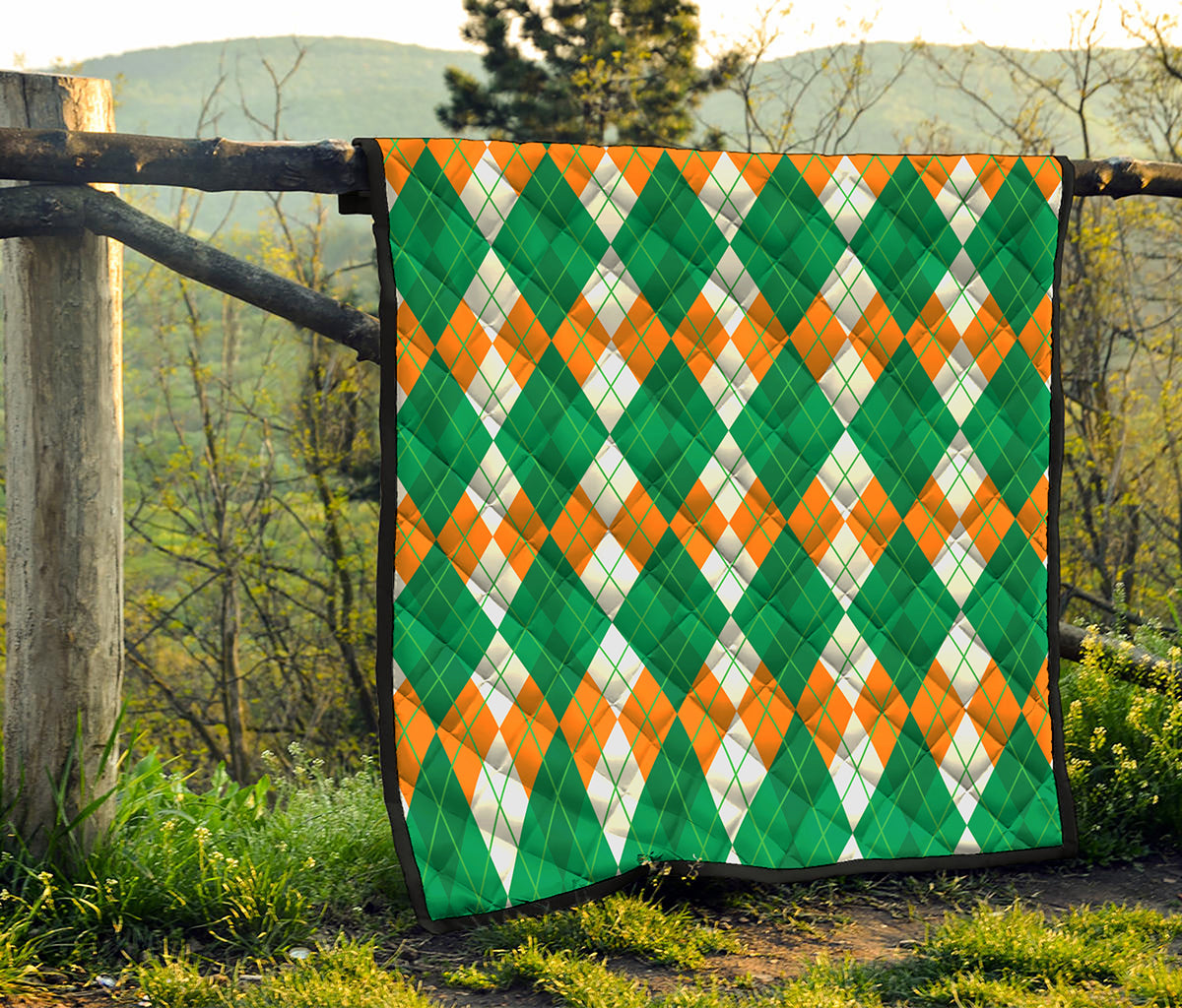 Green Orange And White Argyle Print Quilt