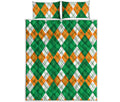 Green Orange And White Argyle Print Quilt Bed Set