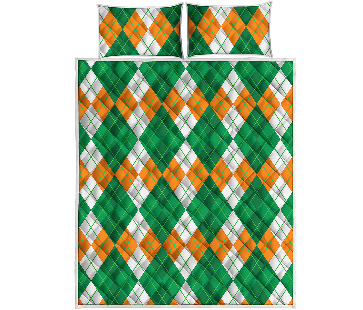 Green Orange And White Argyle Print Quilt Bed Set