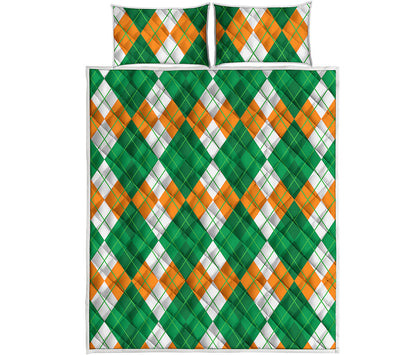 Green Orange And White Argyle Print Quilt Bed Set
