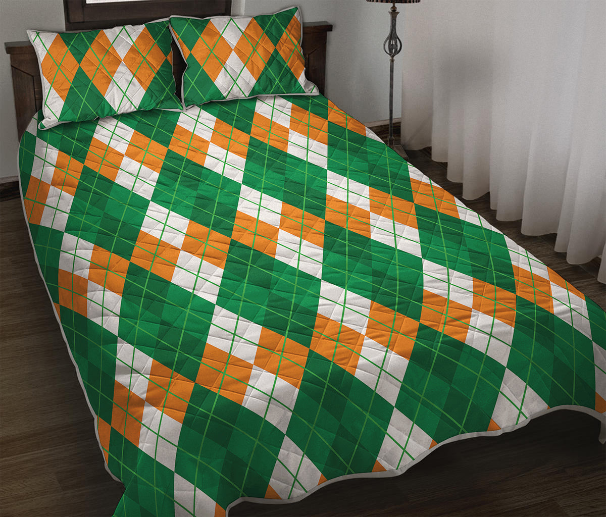 Green Orange And White Argyle Print Quilt Bed Set