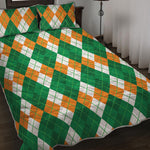 Green Orange And White Argyle Print Quilt Bed Set