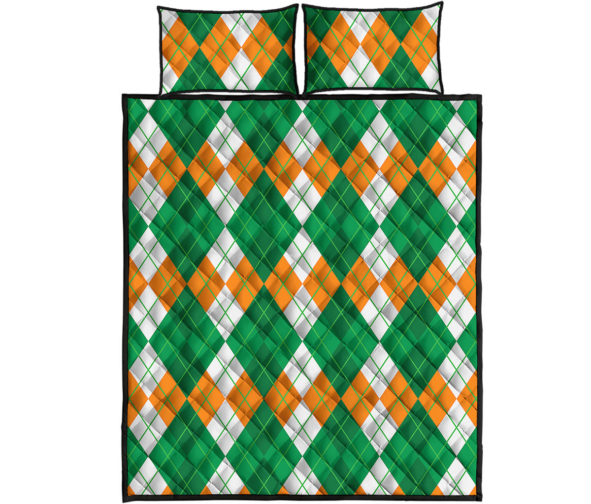 Green Orange And White Argyle Print Quilt Bed Set