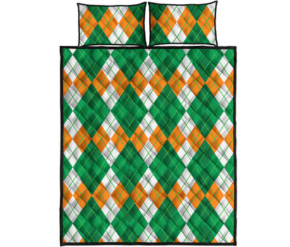 Green Orange And White Argyle Print Quilt Bed Set