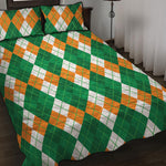 Green Orange And White Argyle Print Quilt Bed Set