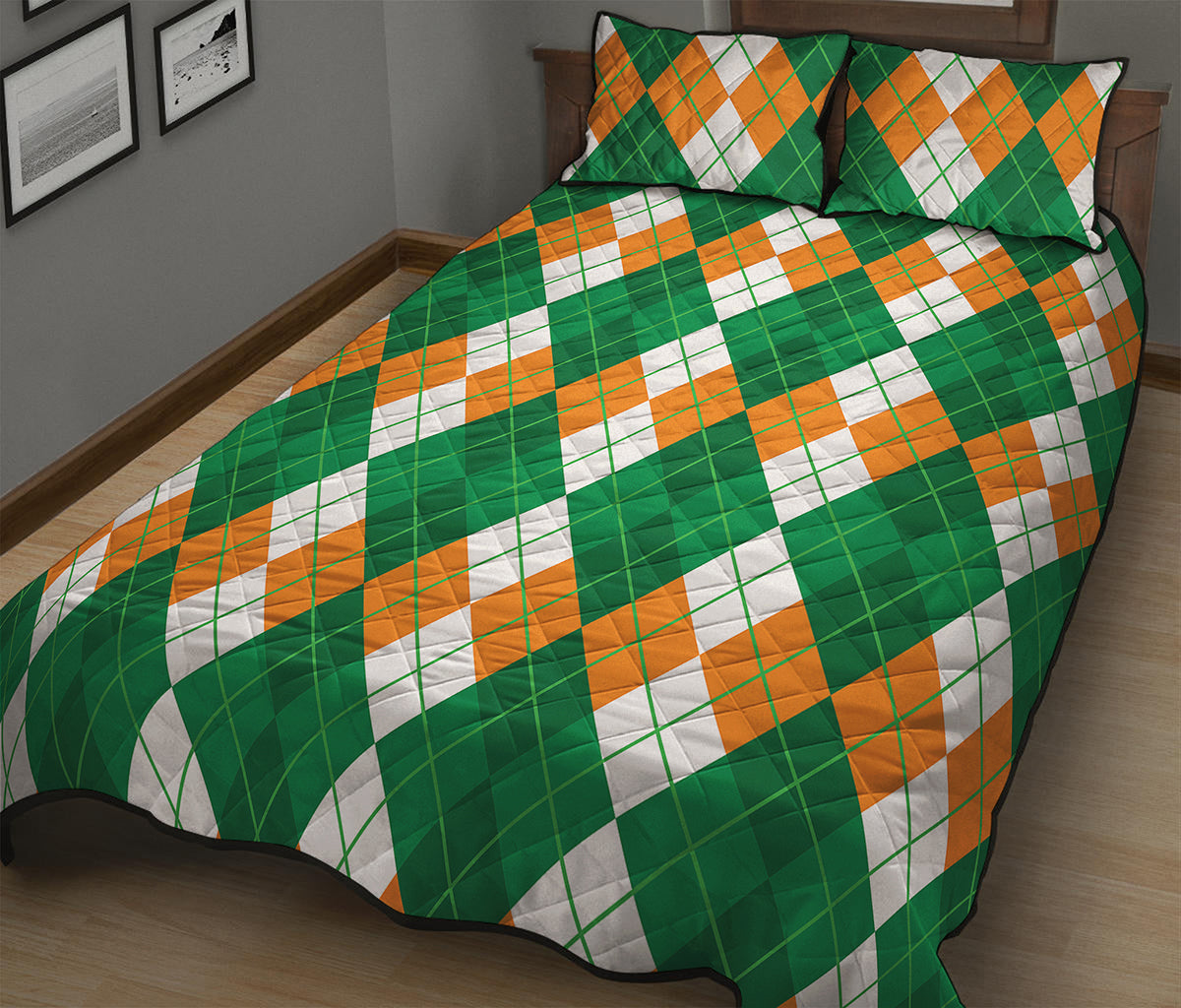 Green Orange And White Argyle Print Quilt Bed Set