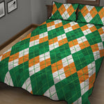 Green Orange And White Argyle Print Quilt Bed Set